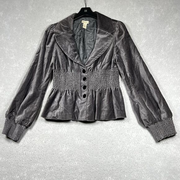 Elevenses Anthropologie Velvet Jacket Blazer Size 12 Gray Smocked Elastic Boho - Picture 1 of 9